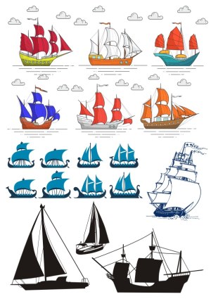 Collection of Colorful and Silhouette Sailing Ship Vectors Free Vector