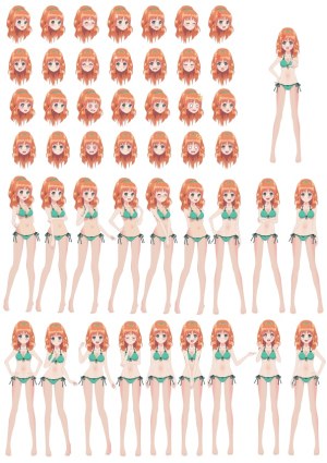Anime Girl Character Set with Multiple Facial Expressions and Poses in Bikini Free Vector