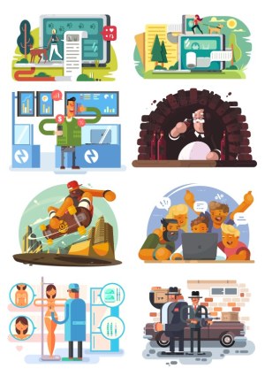 Collection of Diverse Vector Scenes Illustrating Modern Life and Activities Free Vector