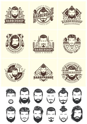 Vintage Barbershop Logos and Male Hairstyle Icons Vector Set Free Vector