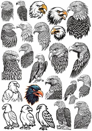 Collection of Hand-Drawn Eagle Head and Full Body Illustrations Free Vector