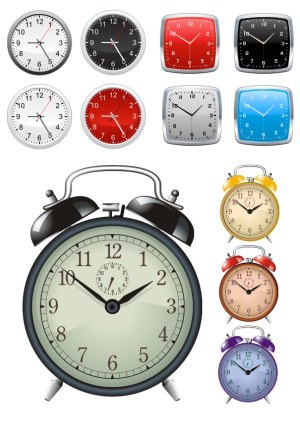 Collection of Various Styles and Colors of Alarm and Wall Clocks Free Vector