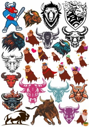 Bull and Buffalo Vector Collection with Tribal, Cartoon, and Sports Themes Free Vector