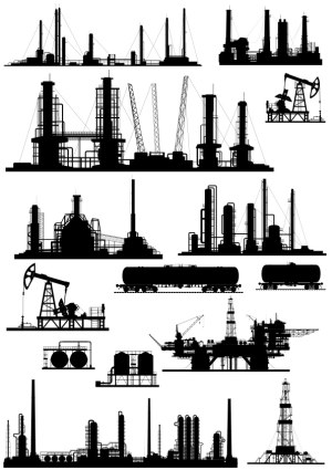 Silhouette Vector Set of Oil Industry Equipment and Infrastructure Free Vector