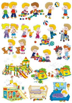 Vector Set of Children Playing, Camping, and Sleeping Scenes Free Vector