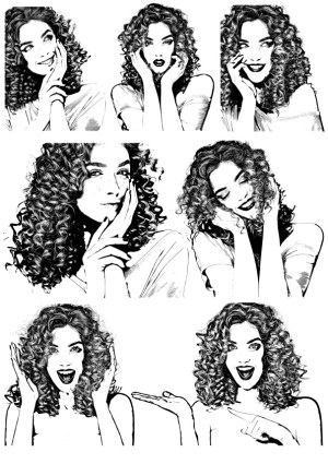 Set of Vector Illustrations Featuring a Curly-Haired Woman Expressing Various Emotions Free Vector