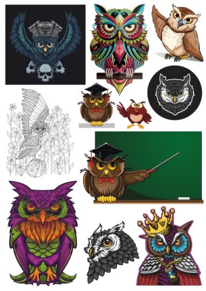 Collection of Vector Owl Illustrations in Various Artistic Styles Free Vector