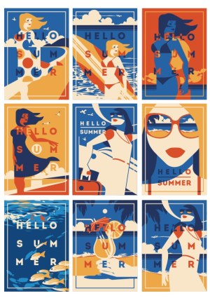 Hello Summer Vintage Style Poster Set Free Vector