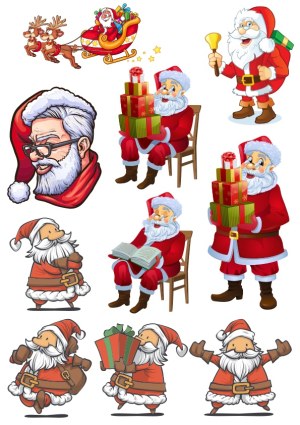 Cute Cartoon Santa Claus Collection with Gifts and Reindeer Sleigh Free Vector