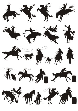 Silhouettes of Rodeo Cowboys and Cowboys on Horses Free Vector