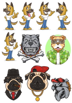 Set of Cartoon and Stylized Dog Characters in Various Styles and Poses Free Vector