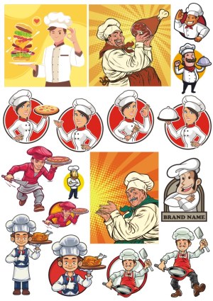 Collection of Chef Cartoon Characters with Food Items and Poses Free Vector