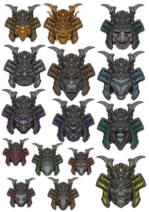 Set of Detailed Samurai Warrior Helmet Vectors in Multiple Colors Free Vector