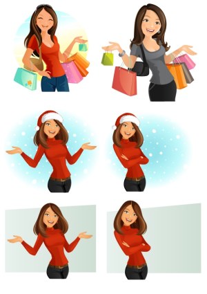 Happy Woman Shopping and Posing in Holiday and Casual Styles Vector Set Free Vector