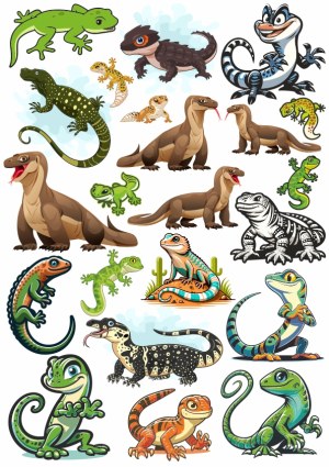 Collection of Colorful Cartoon Lizards and Komodo Dragons Free Vector
