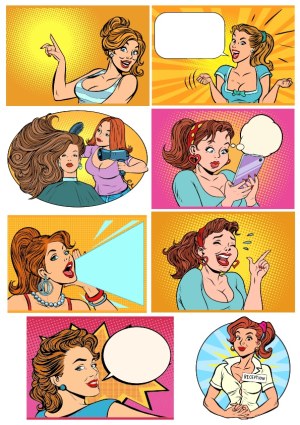 Pop Art Style Female Characters in Various Expressions and Activities Free Vector