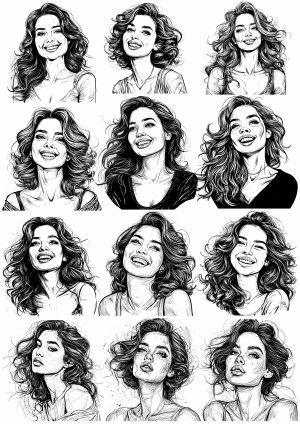 Black and White Hand-Drawn Vector Portraits of Smiling Women with Various Hairstyles Free Vector
