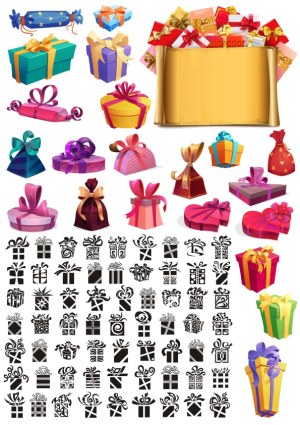 Colorful Gift Boxes and Icons Vector Set with Scroll Banner Free Vector
