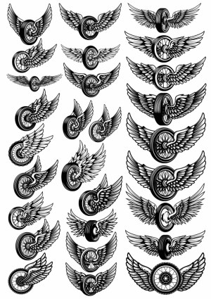 Collection of Black and White Winged Wheel Vector Illustrations Free Vector