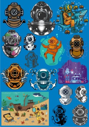 Vintage Diving Helmet and Deep Sea Diver Vector Collection Free Vector