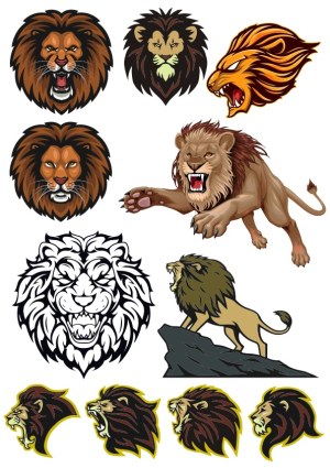 Set of Lion Head and Roaring Lion Vector Illustrations Free Vector