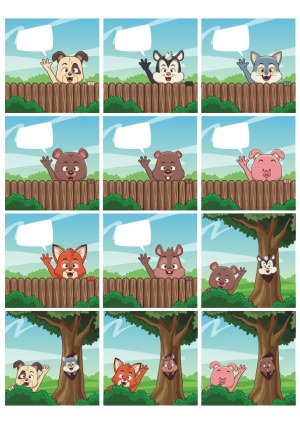 Cute Cartoon Animals Waving Behind Fence and Tree Free Vector