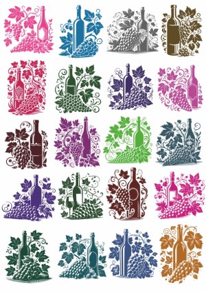 Set of Colorful Wine Bottle and Grape Vine Decorative Vectors Free Vector