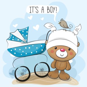 Cute Teddy Bear Announcement With Baby Stroller and Bird Free Vector