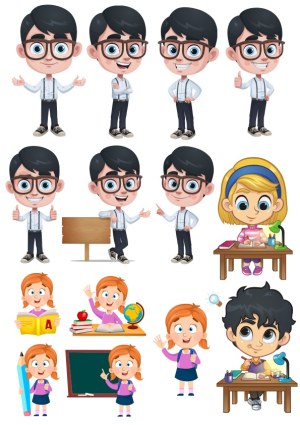 Cartoon Kids and Nerd Boy Student Characters in Various Poses and School Activities Free Vector
