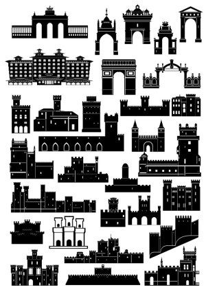 Silhouettes of Various Historic Castles and Arches Free Vector