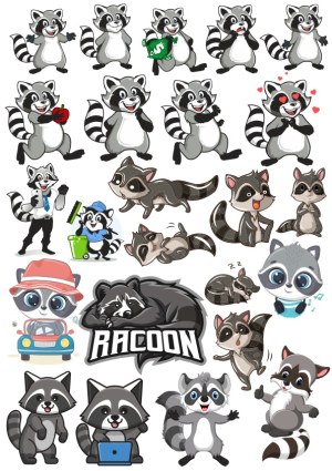 Collection of Cartoon Raccoon Vector Characters in Various Poses and Activities Free Vector