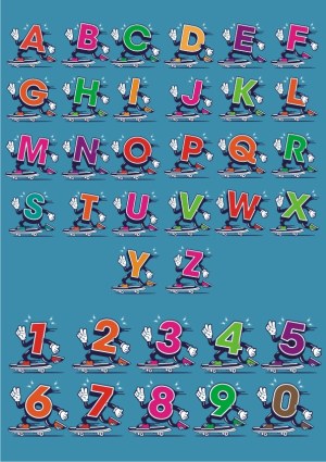 Colorful Cartoon Alphabet and Numbers on Skateboards Free Vector