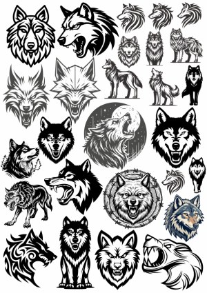Collection of Black and White Wolf Head and Full Body Vector Illustrations Free Vector