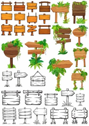 Collection of Wooden Signboards with Vines and Leaves Vector Illustrations Free Vector