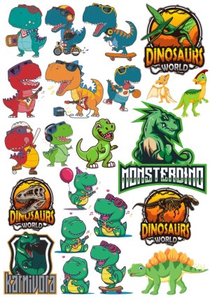 Cartoon Dinosaur and Monster Vector Set with Logos Free Vector
