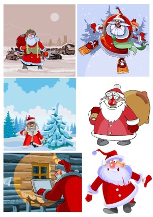 Cartoon Santa Claus Characters in Various Winter and Holiday Scenes Free Vector