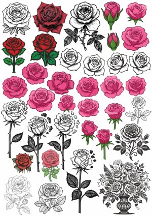 Collection of Decorative Rose Flower Illustrations and Line Art Free Vector