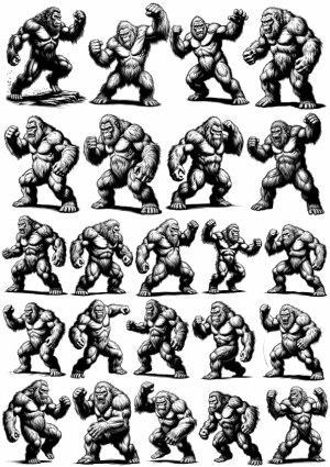 Set of Black and White Vector Bigfoot and Sasquatch Poses Free Vector