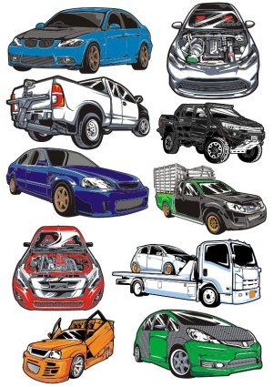 Detailed Car and Truck Vector Illustrations with Engine Views Free Vector