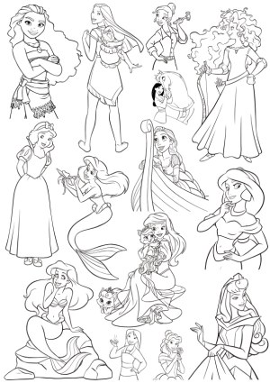 Black and White Line Art of Various Animated Female Characters Free Vector