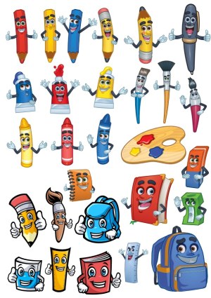 Cheerful Cartoon School Supplies with Faces and Expressions Free Vector
