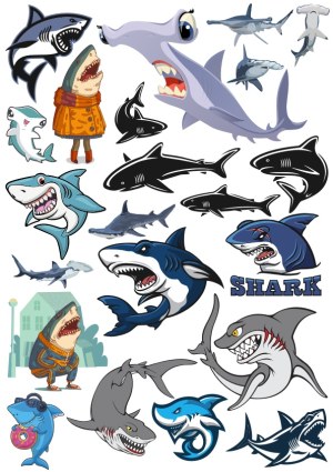 Collection of Cartoon Sharks and Shark Silhouettes Free Vector