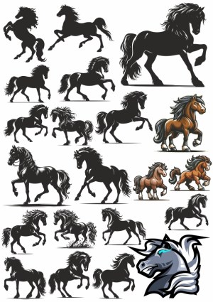 Set of Black Silhouette and Colored Horse Vector Illustrations Free Vector