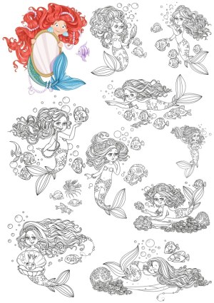 Underwater Mermaid Coloring Page with Fish and Coral Free Vector