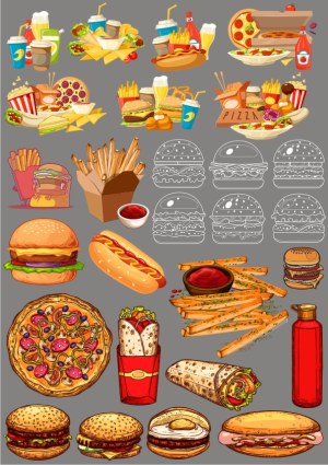 Fast Food Vector Icons Set with Burgers, Pizza, Fries, Hot Dog, and Drinks Free Vector