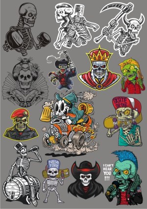 Collection of Colorful Skeleton and Skull Character Illustrations Free Vector