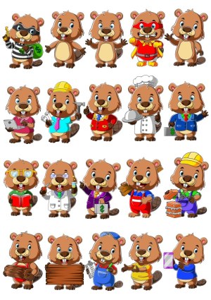 Cute Beaver Mascots in Various Professional and Casual Costumes Free Vector