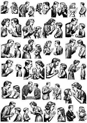 Vintage Black and White Illustrations of Family Arguments and Disagreements Free Vector