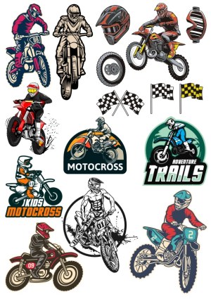 Motocross Bikes, Riders, Helmets, Flags, and Adventure Trails Vector Set Free Vector