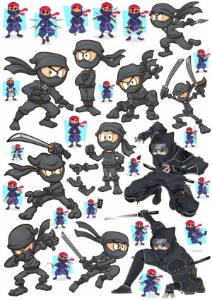 Cartoon Ninja Characters and Action Poses Vector Set Free Vector